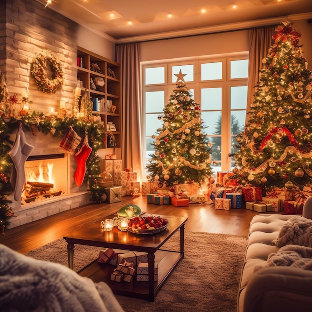 Acogedora sala de estar con árbol de Navidad y regalos rojos en un interior moderno Feliz fondo de Navidad