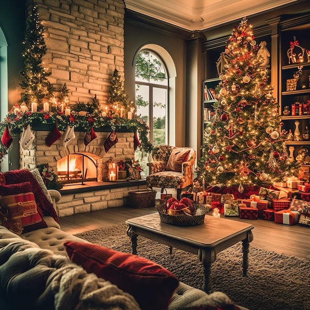 Foto acogedora sala de estar con árbol de navidad y regalos rojos en un interior moderno feliz fondo de navidad