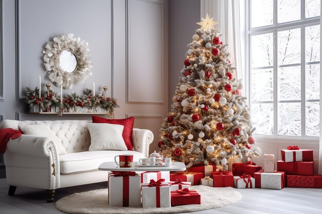 Acogedora sala de estar con árbol de Navidad y regalos rojos en un interior moderno Feliz fondo de Navidad