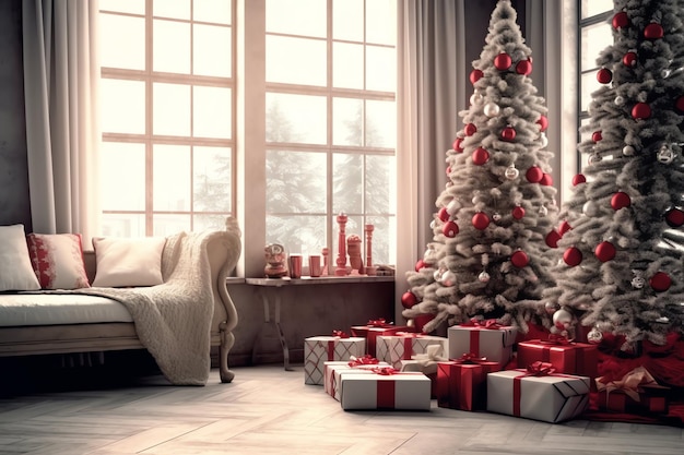 Acogedora sala de estar con árbol de Navidad y regalos rojos en un interior moderno Feliz fondo de Navidad