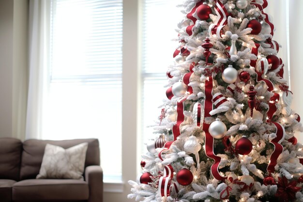 Acogedora sala de estar con árbol de Navidad y regalos rojos en un interior moderno Feliz fondo de Navidad