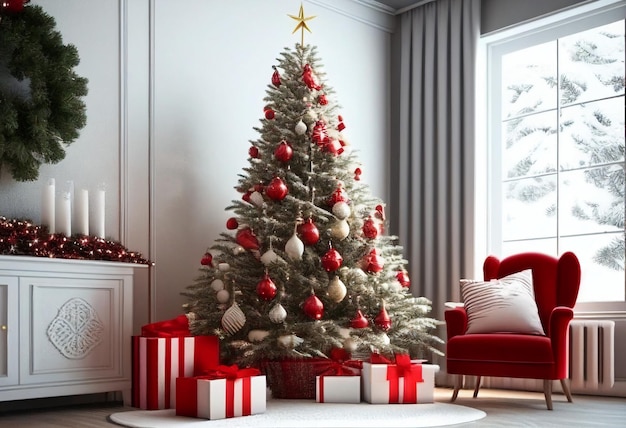 Acogedora sala de estar con árbol de navidad y regalos rojos en un interior moderno Fondo de feliz navidad