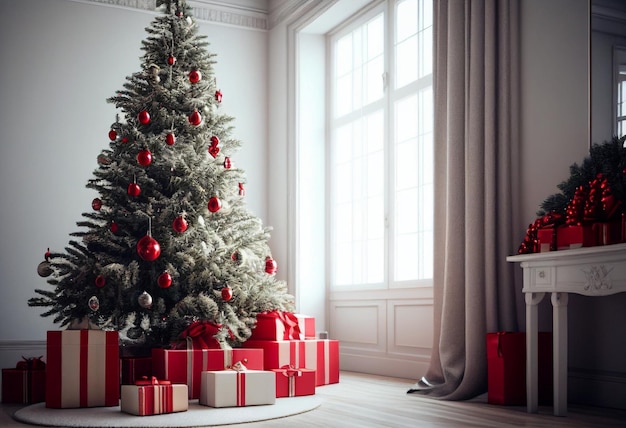 Acogedora sala de estar con árbol de navidad y regalos rojos en un interior moderno Fondo de feliz navidad