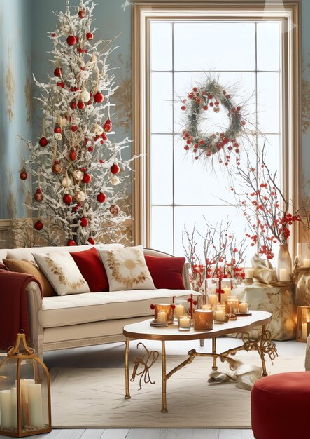 Acogedora sala de estar con árbol de Navidad y regalos rojos en un interior moderno Fondo de feliz Navidad