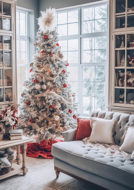 Acogedora sala de estar con árbol de Navidad y regalos rojos en un interior moderno Fondo de feliz Navidad