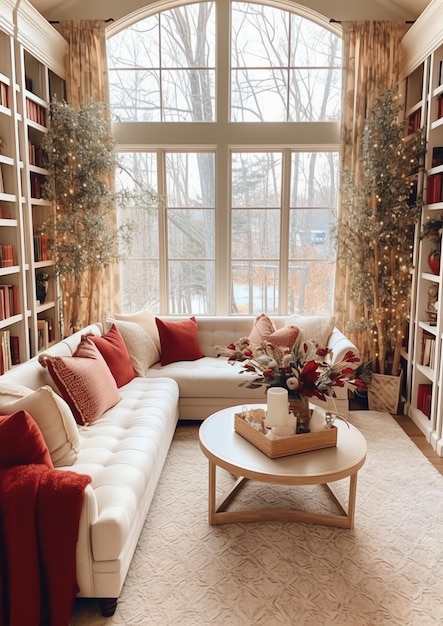 Acogedora sala de estar con árbol de Navidad y regalos rojos en un interior moderno Fondo de feliz Navidad