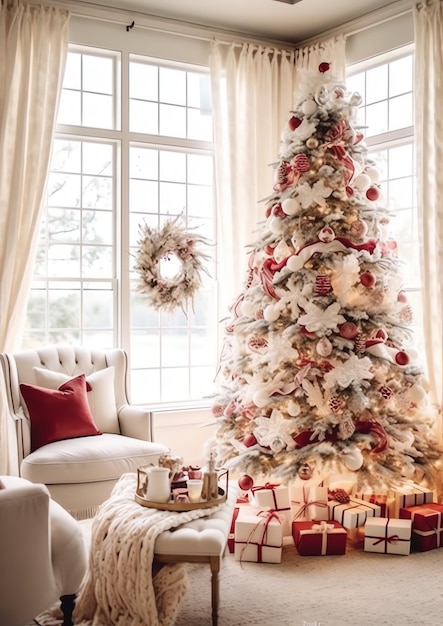 Acogedora sala de estar con árbol de Navidad y regalos rojos en un interior moderno Fondo de feliz Navidad