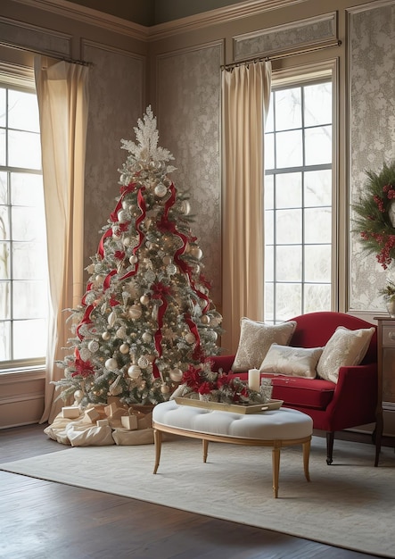 Acogedora sala de estar con árbol de Navidad y regalos rojos en un interior moderno Fondo de feliz Navidad