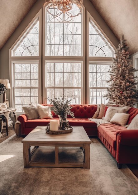 Acogedora sala de estar con árbol de Navidad y regalos rojos en un interior moderno Fondo de feliz Navidad