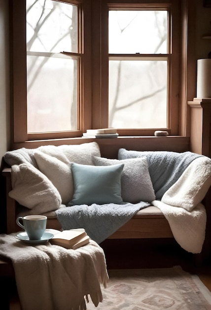 una acogedora sala de estar con un asiento de la ventana y una mesa de café