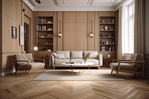 Acogedora sala de estar con cálidos pisos de madera y muebles cómodos IA generativa