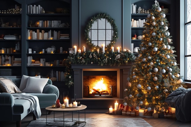 Acogedora sala de estar con chimenea y árbol de Navidad en un interior clásico Feliz fondo de Navidad