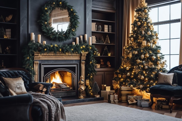 Acogedora sala de estar con chimenea y árbol de Navidad en un interior clásico Feliz fondo de Navidad