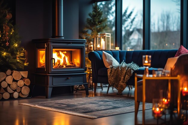 Acogedora sala de estar con chimenea y árbol de Navidad en un interior clásico Feliz fondo de Navidad