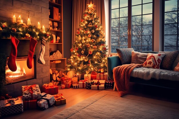 Acogedora sala de estar con chimenea y árbol de Navidad en un interior clásico Feliz fondo de Navidad