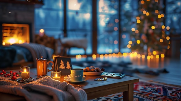 Una acogedora sala de estar con una chimenea un árbol de Navidad y una mesa con té y galletas