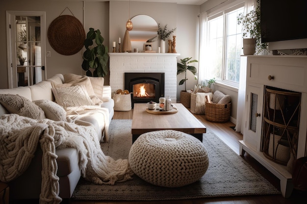 Una acogedora sala de estar con chimenea, cojines de felpa y una manta de ganchillo.