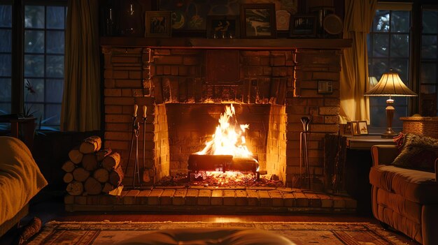 Foto una acogedora sala de estar con una chimenea el fuego está ardiendo brillantemente y la habitación está iluminada por el cálido resplandor