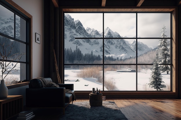 Una acogedora sala de estar con una chimenea moderna y una ventana panorámica con una hermosa vista de las montañas nevadas El concepto de relajación en casas o cabañas en la naturaleza IA generativa