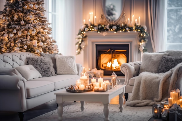 Acogedora sala de estar con chimenea en Navidad generada por IA
