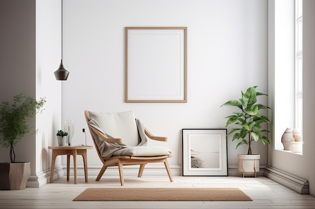 Acogedora sala de estar con un cómodo sillón y un marco decorativo IA generativa