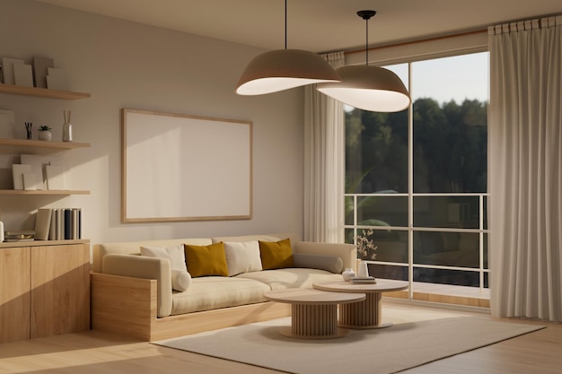 Acogedora sala de estar contemporánea con diseño interior de balcón con colgantes de mesa de centro de sofá