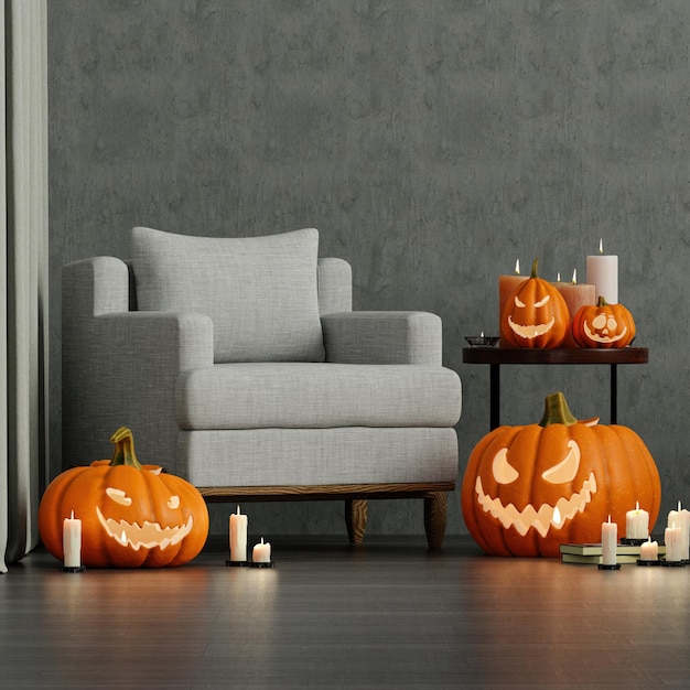 Acogedora sala de estar con decoración de Halloween con calabazas talladas y velas