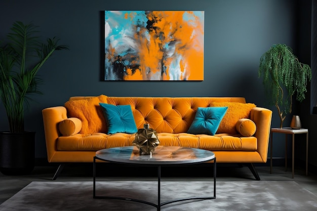 Una acogedora sala de estar con un elegante sofá y un llamativo cuadro en la pared Ai