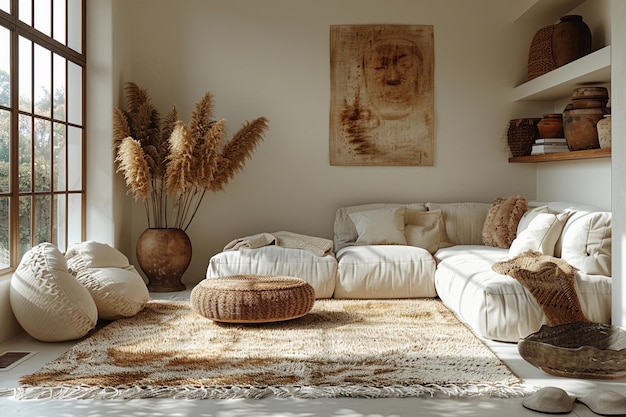 Acogedora sala de estar con elementos naturales y estilo boho chic