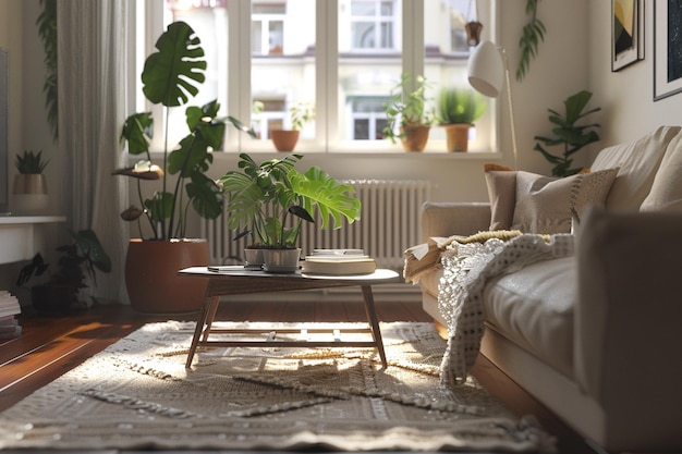 Acogedora sala de estar escandinava con muebles minimalistas