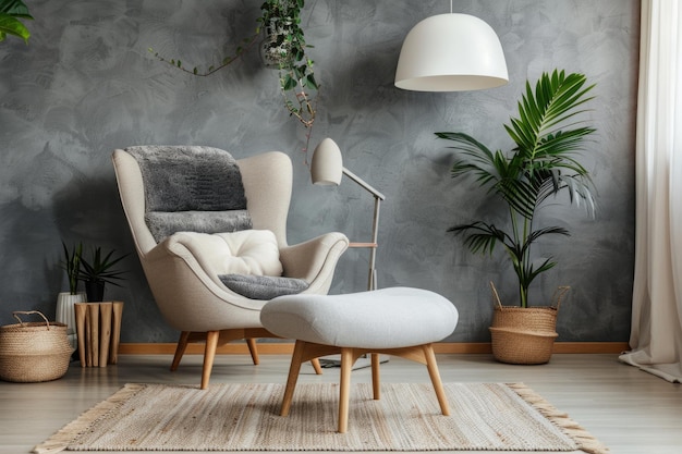 Acogedora sala de estar escandinava con muebles retro y plantas