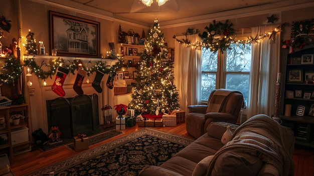 Una acogedora sala de estar está decorada para Navidad hay un árbol en la esquina de la habitación rodeado de regalos