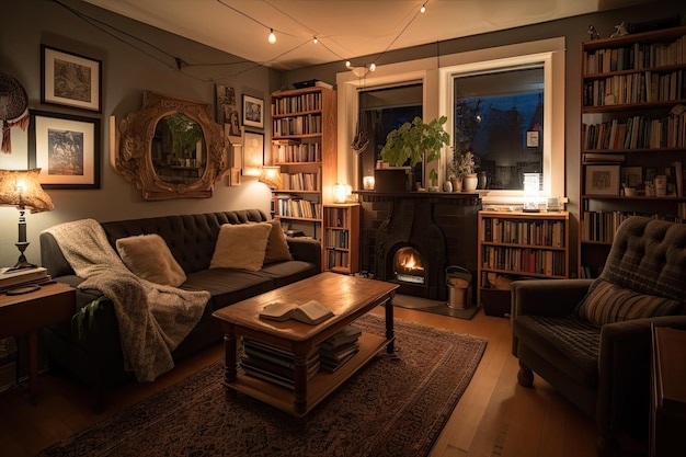 Acogedora sala de estar con estanterías con chimenea y un cómodo sofá