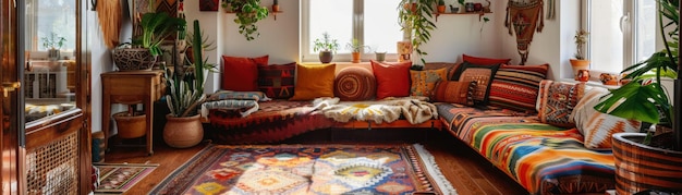 Una acogedora sala de estar de estilo bohemia es rica en textiles vibrantes y decoración ecléctica