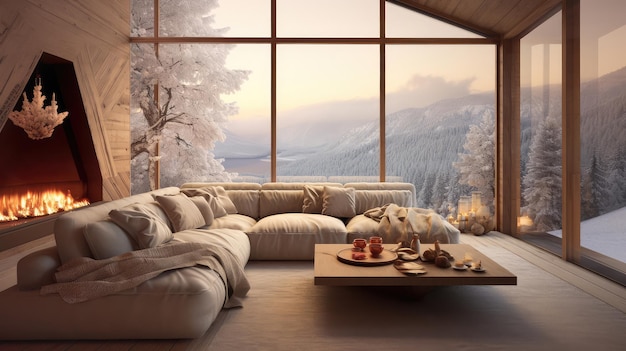 Acogedora sala de estar con grandes ventanas y vistas de invierno