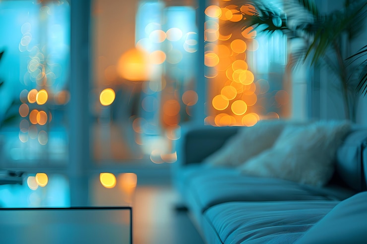 Acogedora sala de estar con iluminación suave y efectos bokeh