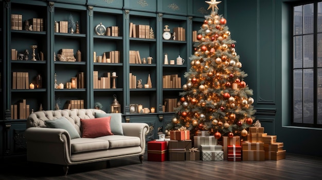 Una acogedora sala de estar iluminada con numerosas luces decoradas listas para celebrar la Navidad Diseño de interiores de la sala de Navidad Árbol de Navidad decorado con luces, velas y guirnaldas iluminadas con chimenea interior