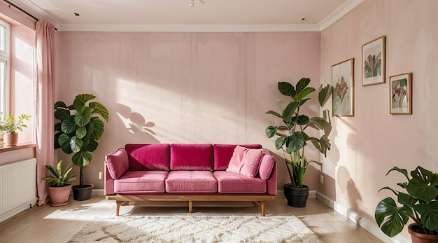Una acogedora sala de estar interior con un sofá rosa y una variedad de plantas que adornan las paredes creando un diseño interior sereno y elegante