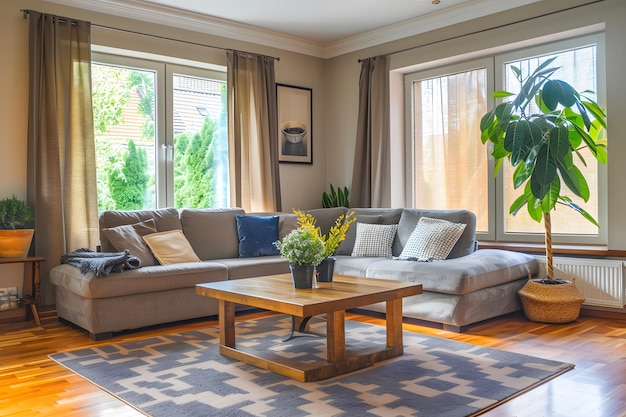 Acogedora sala de estar con lujo en forma de L sofá piso de madera pequeña planta concepto de decoración limpia