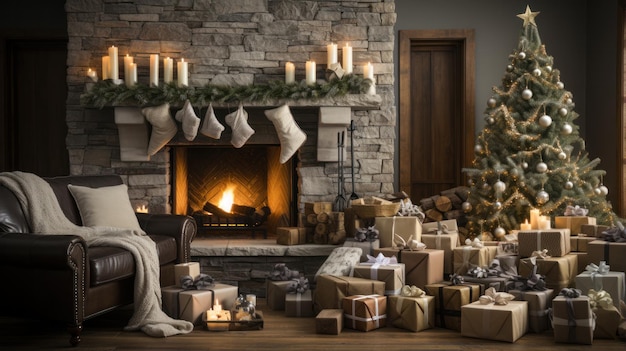 Acogedora sala de estar con medias de árbol de Navidad y fuego crujiente