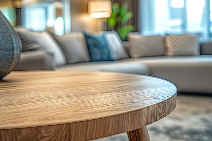 Acogedora sala de estar con mesa de madera y sofá suave