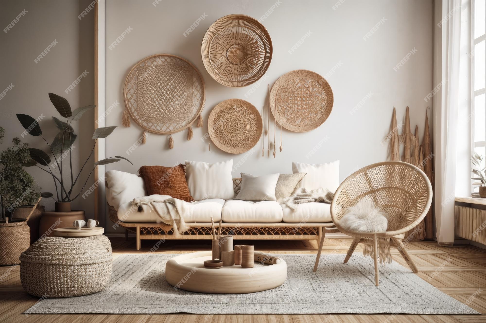 Acogedora sala de estar con de mimbre y elementos decorativos naturales generativa Foto Premium