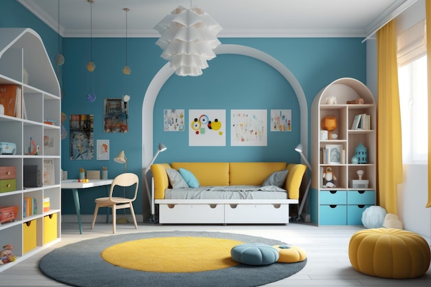 Acogedora sala de estar con paredes azules y muebles amarillos vibrantes IA generativa