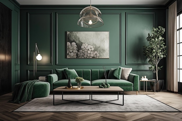 Acogedora sala de estar con paredes verdes vibrantes y una gran pintura cautivadora como punto focal IA generativa