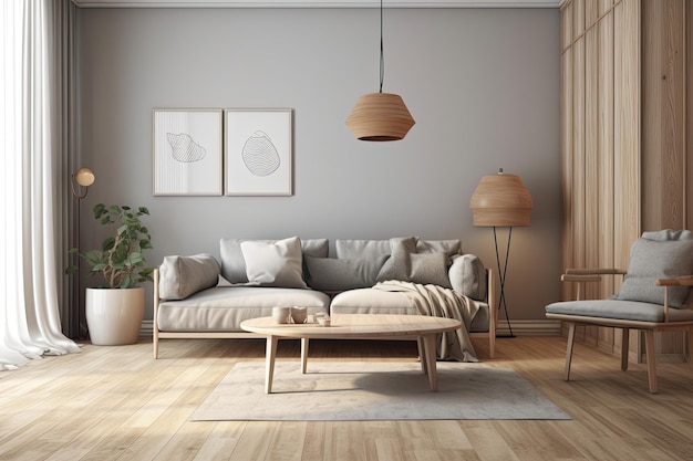 Acogedora sala de estar con piso de madera y muebles cómodos IA generativa