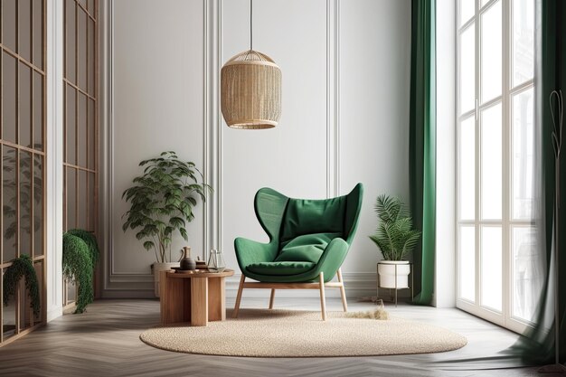 Acogedora sala de estar con una silla decorativa verde y una variedad de plantas en maceta IA generativa