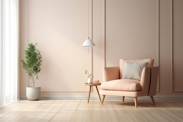 Acogedora sala de estar con un sillón cómodo y una planta en maceta viva IA generativa
