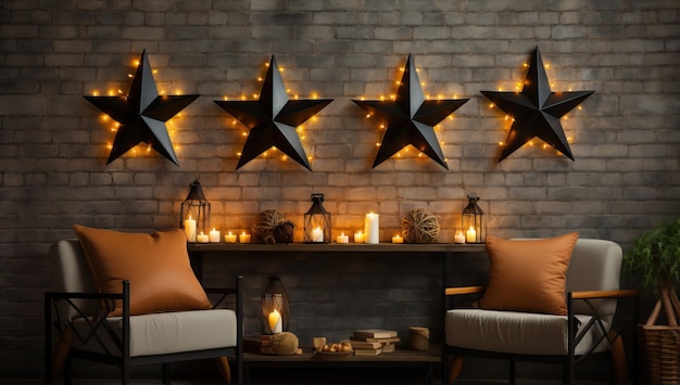 Acogedora sala de estar con sillones y velas en forma de estrellas