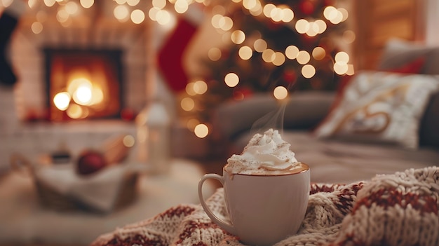 una acogedora sala de estar con un sofá marrón y una manta blanca adornada con una taza blanca de café y un mango blanco establecido contra un telón de fondo de luces de Navidad