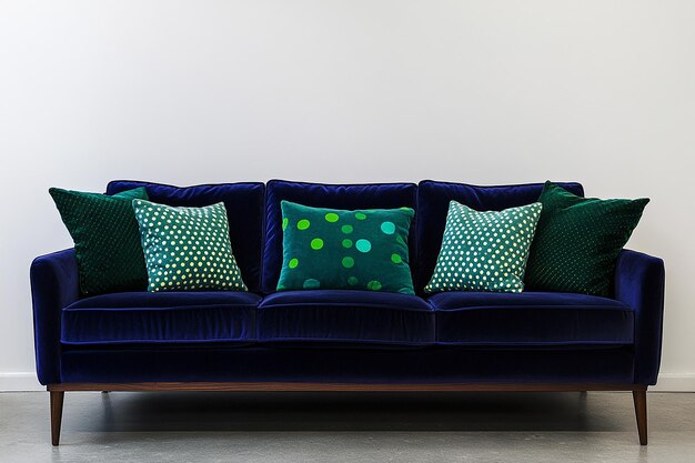 Acogedora sala de estar con sofá de terciopelo y almohadas con patrones
